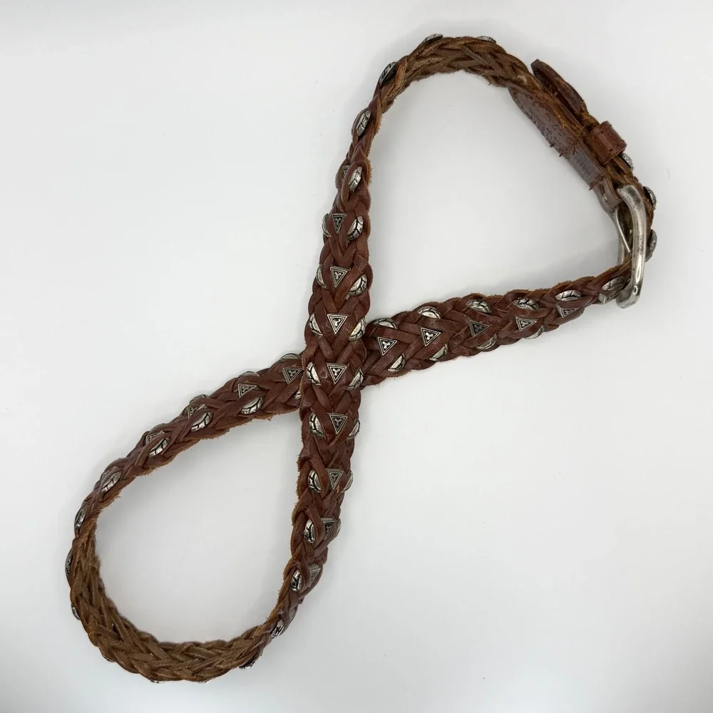 Vintage County Seat Brown Braided Leather Belt Silver Concho Charms Western 34in